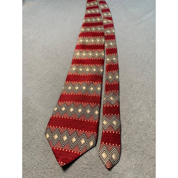 Elizabeth Neill Cravatte Mens Red Geometric Diamond Pattern Tie Silk Made in USA - Picture 5 of 5